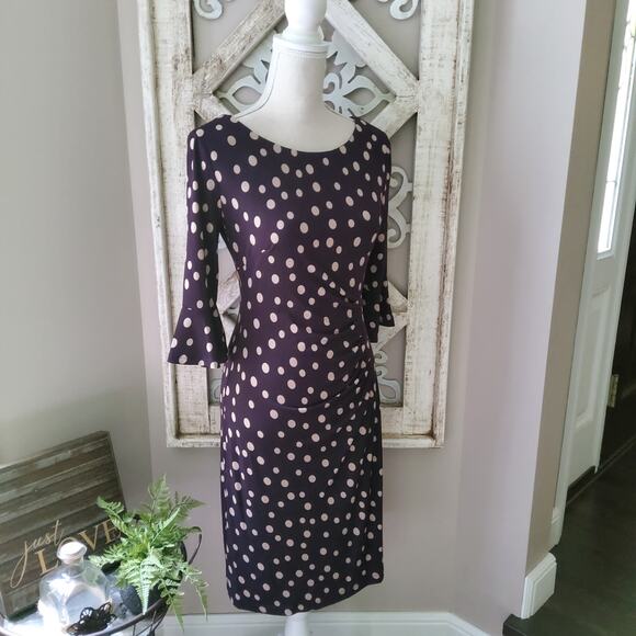 Connected Apparel Women Petite Flounce Bell Sleeve Faux Wrap Midi Sheath Dress - Picture 2 of 10